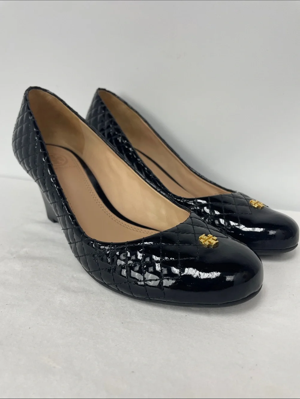 Tory Burch Black Quilted Patent Wedge Pumps, Size 8